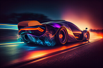 Poster - Futuristic car at high speed at night with motion blur background. Generative AI technology.