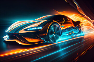 Poster - Futuristic car at high speed at night with motion blur background. Generative AI technology.