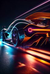 Futuristic car at high speed at night with motion blur background. Generative AI technology.