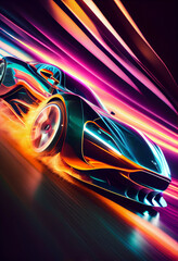 Poster - Futuristic car at high speed at night with motion blur background. Generative AI technology.