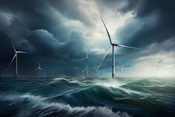 wind turbines in ocean. green energy farm at sea. generative ai