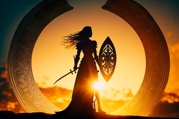 Woman warrior , Feminine silhouette of a girl-knight with a shield Generative AI