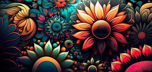 A colorful floral patterned background with a psychedelic twist. Generative AI