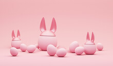 3D Display Podium, Creative Easter Egg On Pastel Pink Background, Easter Eggs With Rabbit Ears. Happy Easter Holiday Background.  Banner, Web Poster, Flyer Cover, Greeting Card.3d Render
