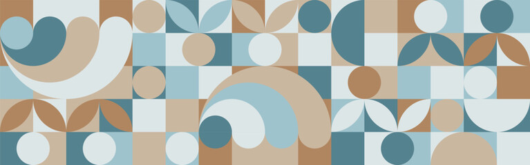 Wall Mural - Trendy vector abstract geometric background with circles in scandinavian style, seamless pattern covering brown and blue shades of sea wave. Graphic mosaic pattern of simple shapes in pastel colors.