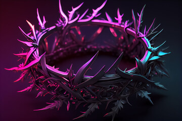 Dramatic illustration of crown in neon color with Jesus . AI