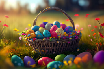 Wall Mural - illustraion of basket wih colorful easter eggs in spring field. AI