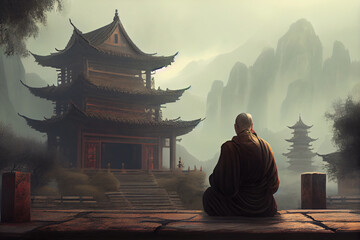 A monk meditating in front of a chinese temple, foggy mountains in the backgroun. Generative AI technology.