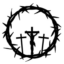 Good Friday Crucifixion Easter Religious Vector Illustration - Black Silhouette Of Crown Of Thorns Icon Symbol And Crucifix Cross With Jesus, Isolated On White Background