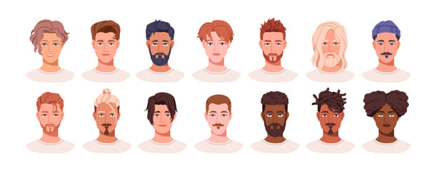 Wall Mural - Face avatars, head portraits set. Diverse young men. Male characters, handsome guys, user profiles of different race, hairdo, appearance. Flat vector illustration isolated on white background