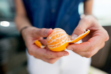 A Woman's Hands Peels A Clementine.
