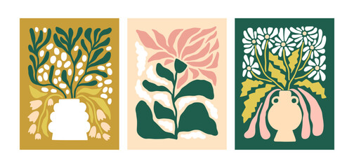 Leinwandbilder - Floral wall arts set. Abstract spring field flowers, modern interior posters. Trendy botanical cards in contemporary style, wild whimsical blooming plants in vase. Colored flat vector illustrations