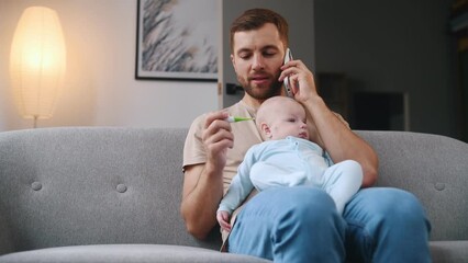 Sticker - Man calling the doctor. Child is sick. Holding thermometer. Father with toddler is at home, taking care of his son.