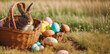 Happy Easter! A brown rabbit sits in a brown wicker basket in a meadow. Easter eggs are distributed. Ideal as decoration or header/banner/wallpaper. Space for text.