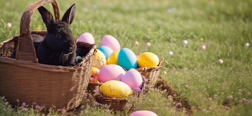 Wall Mural - Happy Easter! A black bunny or rabbit sits in a brown wicker basket in a meadow. Easter eggs are distributed. Ideal as decoration or header/banner/wallpaper. Space for text.