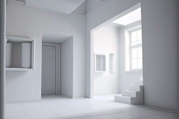 Wall Mural - Abstract solid white minimalistic interior room with white walls, floor and ceiling. Generative AI illustration.