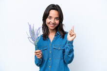 Young Hispanic Woman Holding Lavender Isolated On White Background Pointing Up A Great Idea