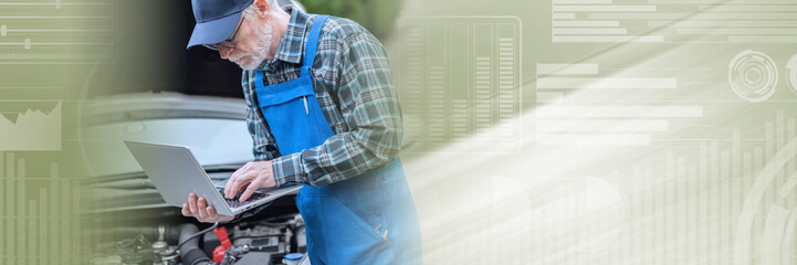 Wall Mural - Mechanic using laptop for checking car engine; panoramic banner