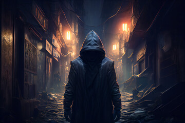 a thief or a swindler in dark clothes with a hood against the backdrop of a city gateway at dusk and