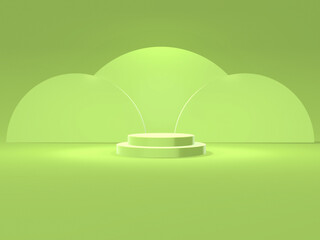 Green 2 steps round podium with green circle backdrop on green background, 3d objects