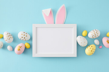 Wall Mural - Easter concept. Flat lay photo of white photo frame with easter bunny ears colorful eggs on isolated pastel blue background with blank space
