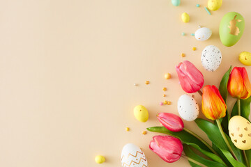Wall Mural - Easter decor concept. Top view photo of white yellow green eggs  sprinkles and tulips flowers on isolated beige background with copyspace