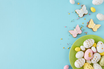 Wall Mural - Easter decoration concept. Top view photo of green plate with colorful easter eggs butterfly shaped gingerbread and sprinkles on isolated pastel blue background with empty space