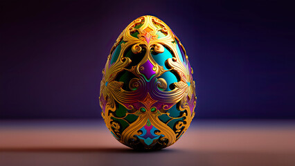 Sticker - 3D Render of Colorful Paper Floral Egg On Brown And Purple Background And Copy Space.