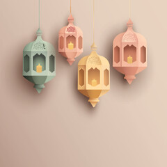 Wall Mural - Colorful Paper Arabic Lantern Hanging Against Pastel Brown Background. Islamic Festival Or Party Lighting Decoration.