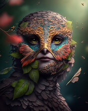 A Colorful Fantasy Portrait Of A Birdy Creature With Feathers And Leaves Wearing Parrot Mask Of Feathers And Leaves 
