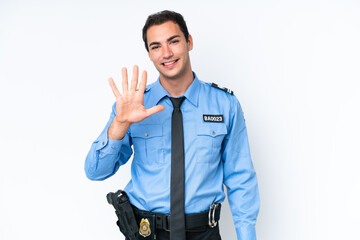 Wall Mural - Young police caucasian man isolated on white background counting five with fingers