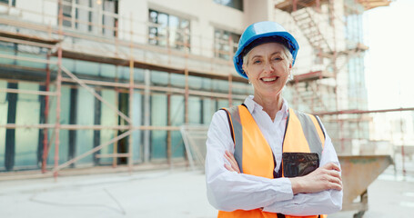 Poster - Architecture, engineer and business woman in construction site portrait for office building or commercial property development. Proud civil engineering manager, construction worker or contractor boss