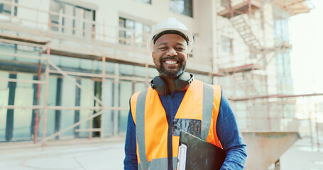 Canvas Print - Construction, black man and clipboard, building and inspection, manage work at job site, construction worker and inspector smile in portrait. Engineer, builder and scaffolding for renovation.