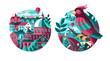 Vector set of illustrations. Beautiful exotic landscapes on the background of the ocean.