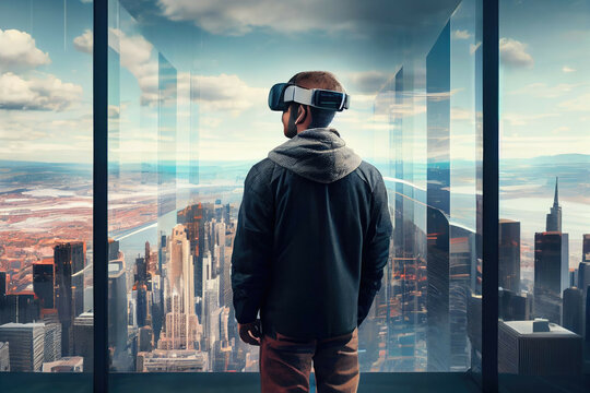 a person wearing a virtual reality headset and standing in front of a large window overlooking a fut
