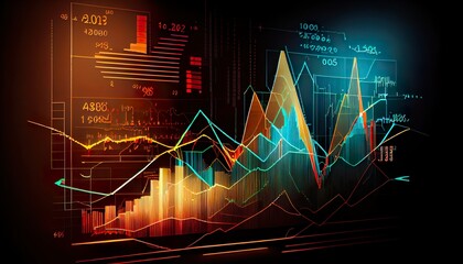 Financial graphs, glowing lines and diagram on digital screen. Trading market and economic concept. Financial crisis and inflation