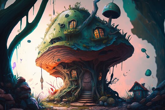 realistic colorful tall goblin mushroom anthropomorphic home | created with generative ai