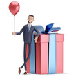 3d illustration. Cartoon man 3d character Alex with red balloon, standing next to a realistic nice big red box gift with blue bow.