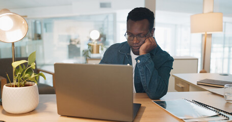 Poster - African businessman, headache and laptop working in office for deadline, tech documents or report planning burnout. Black corporate man, head pain and stress, fatigue or tired with tech device glitch