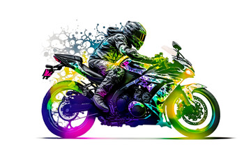 Wall Mural - Sticker of Biker on sport motorcycle in watercolor style on white background. Neural network AI generated art