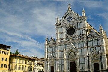 Poster - Florence church. Piazza Santa Croce in Florence. Church facade with olive trees. 