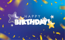 Blue Happy Birthday With Golden Confetti And Star Shape Balloons Vector Illustration