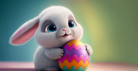 cute easter bunny with a colorful easter egg. generative ai