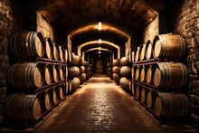 Old Wooden Barrels With Wine In A Wine Vault Cellar. Neural Network AI Generated Art