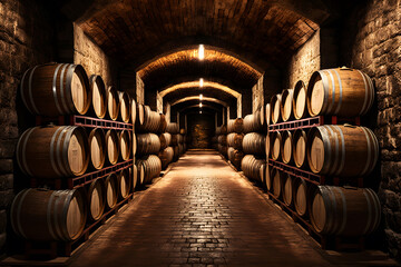 Wall Mural - Old Wooden barrels with wine in a wine vault cellar. Neural network AI generated art