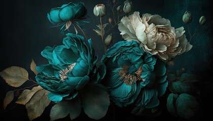 Generative AI, Close up of blooming flowerbeds of amazing teal flowers on dark moody floral textured background. Photorealistic effect.	