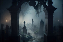 Spooky Graveyard With Mist And Fog. - Generative AI
