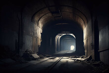 Abandoned Tunnel With Eerie Shadows And Strange Noises. - Generative AI