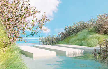 Aufkleber - Natural beauty podium backdrop with spring sakura cherry blossom landscape scene. 3d rendering.