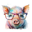 Portrait of cute pig wear glasses on transparent background, watercolor painting, paint splatter, Printable design for wall art, posters, t-shirts, Generative AI